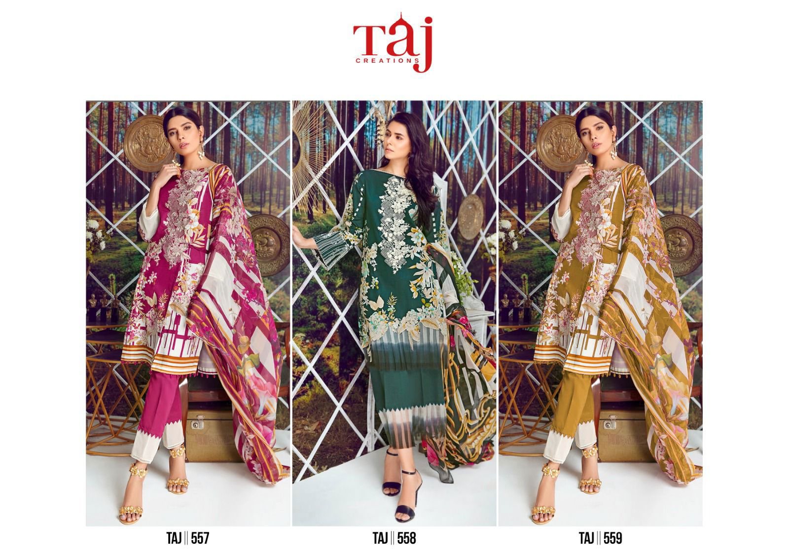 Taj 557 To 559 Chiffon Dupatta Pakistani Salwar Suits Wholesale Shop In Surat