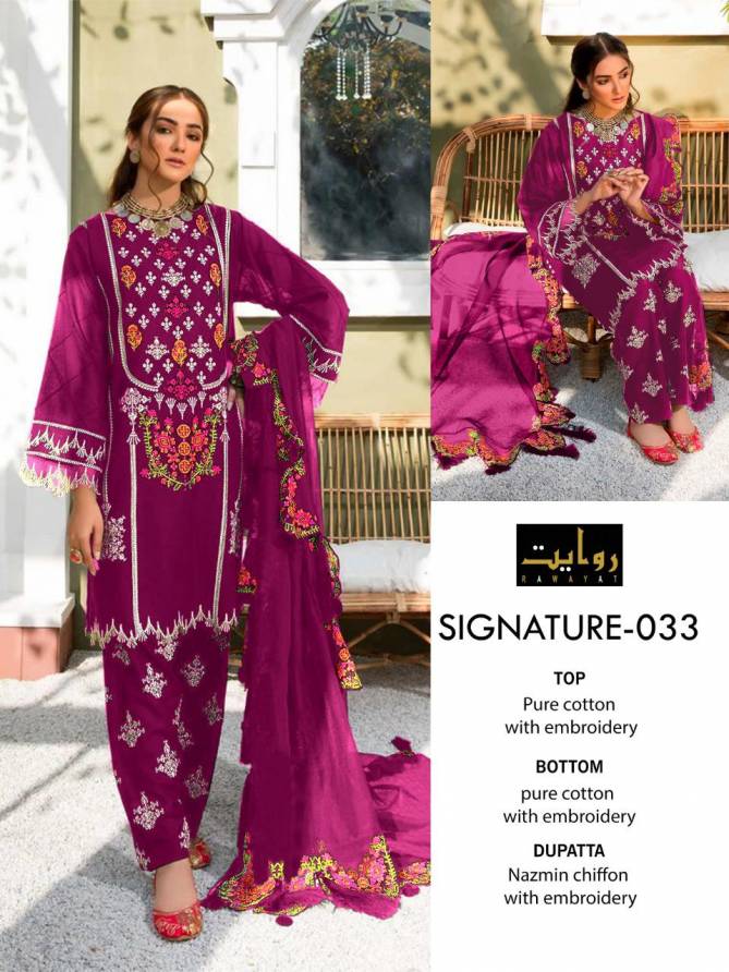 Rawayat Signature 033 Fancy Designer Casual Wear Pure Cotton With Embroidery Work Pakistani Salwar Suits
