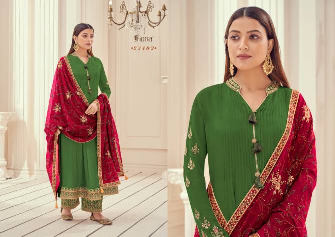 Fiona Zardosh Heavy Occasion Wear Chinnon full flair with pletting Border Embroidery Salwar Kameez Collection
