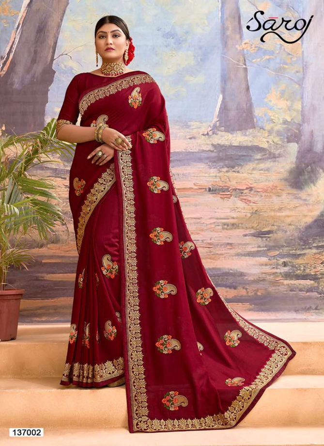 SAROJ KANGANA Fancy Festive Wear Heavy Designer Vichitra Silk With Embroidery Work On Border And Butta Saree Collection