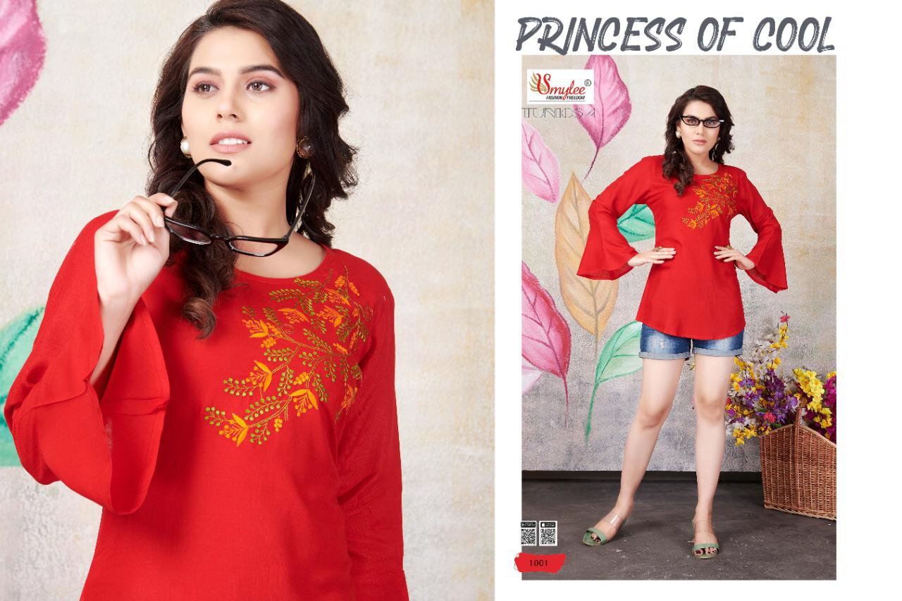 Smylee Tunics 4 latest Designer Casual Wear Embroidery Work Rayon Ladies Top Collection
