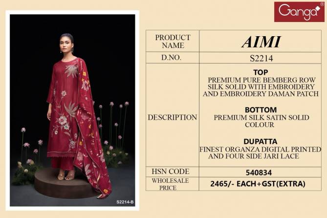 AIMI 2214 By Ganga Raw Silk Printed Dress Material Catalog