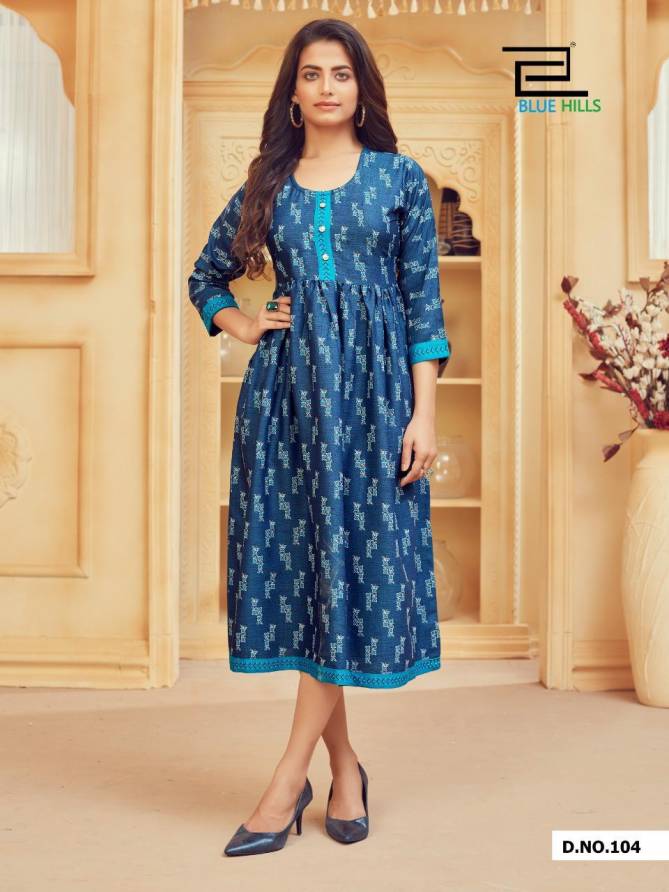 Blue Hills Velly 1 Designers Printed Ethnic Wear Rayon Kurtis Collection
