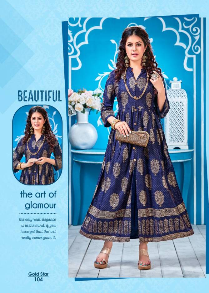 Ft Gold Star Latest Designer Party Wear rayon Long Printed Kurtis Collection