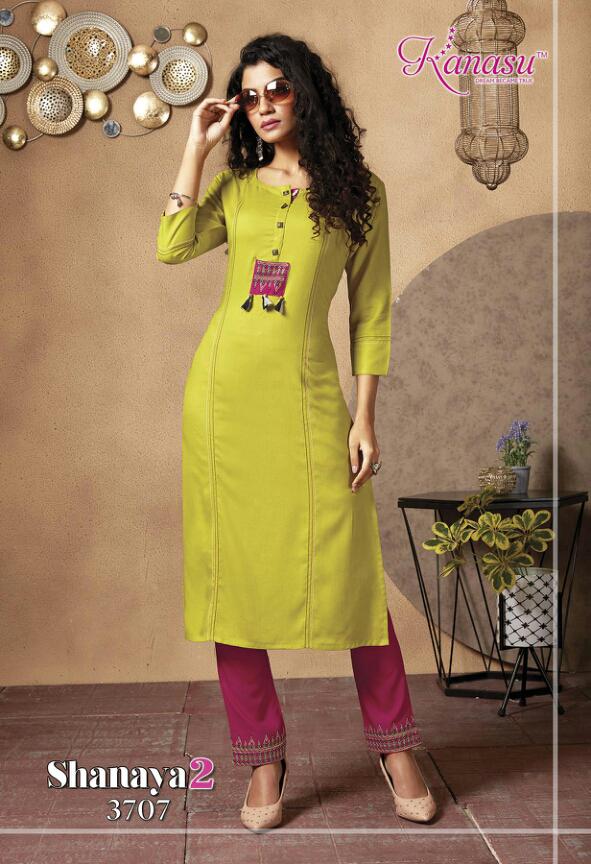 Kanasu Shanaya 2 Latest Fancy Heavy Ethnic Wear Rayon Fancy Printed Kurtis With Bottom Collection
