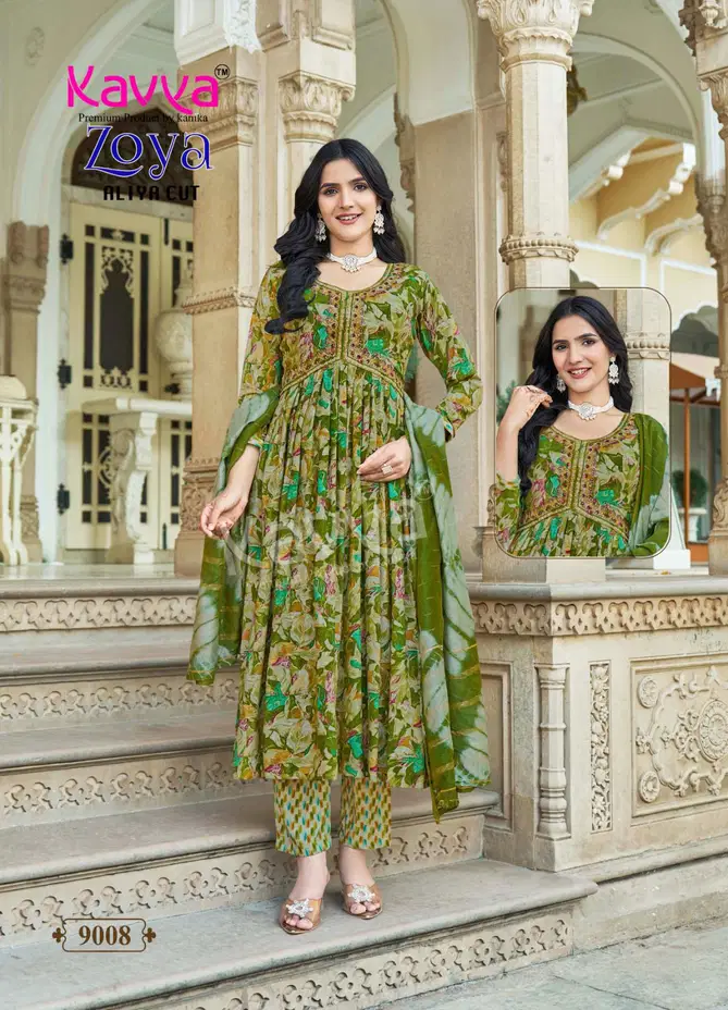 Zoya Vol 9 By Kavya Rayon Foil Aliya Cut Kurti With Bottom Dupatta Orders In India