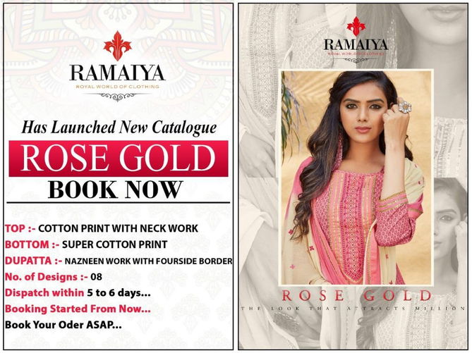 Ramaiya Rose Gold Latest Fancy Ethnic wear Cotton Print With Neck Work Top With Four Side less Dupatta Designer Dress Material Collection
