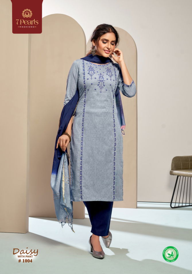 7 Pearls Daisy Cotton With Embroidery Work Ethnic Wear Kurti Pant With Dupatta Ready Made Collection
