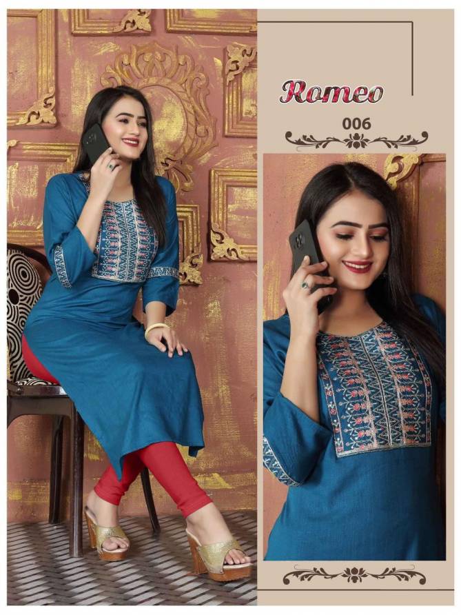 Romeo Vol 1 By Trendy Rayon Slub Embroidery Kurtis Wholesale Suppliers In Mumbai
