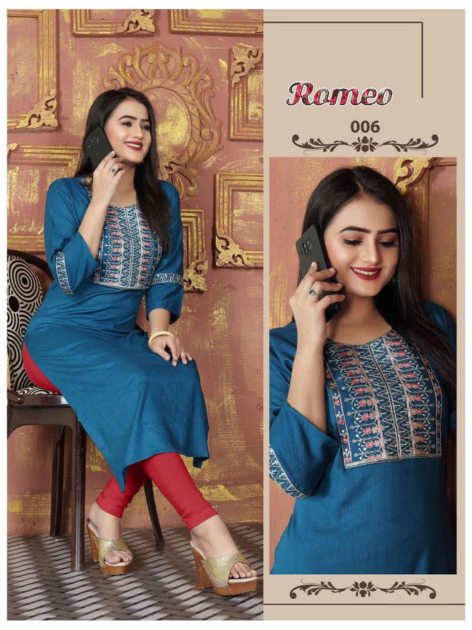 Romeo Vol 1 By Trendy Rayon Slub Embroidery Kurtis Wholesale Suppliers In Mumbai
