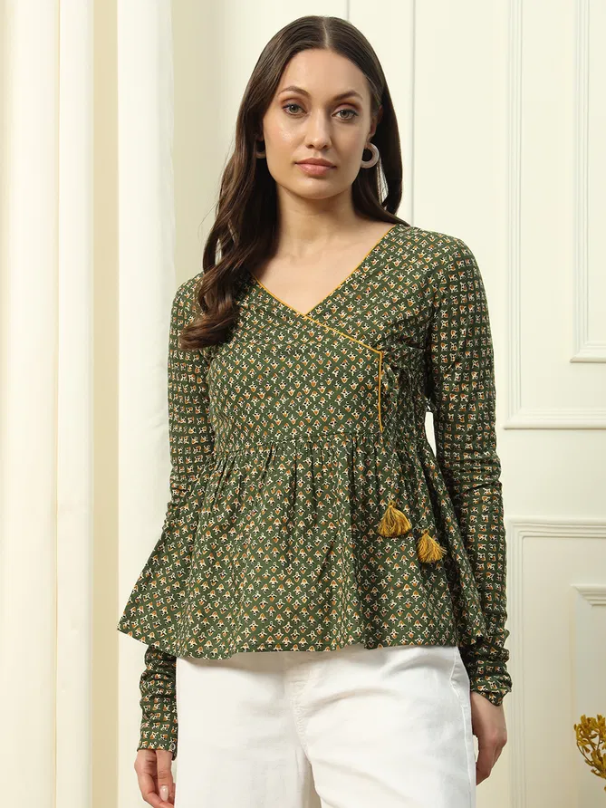 Fiorra TOP011 Green Printed Cotton Western Top Online Wholesale