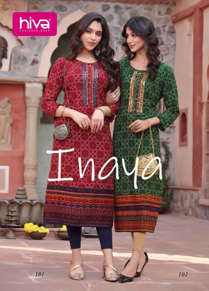 Hiva Inaya Designer Ethnic Wear Rayon Printed Designer Long Kurti Collection