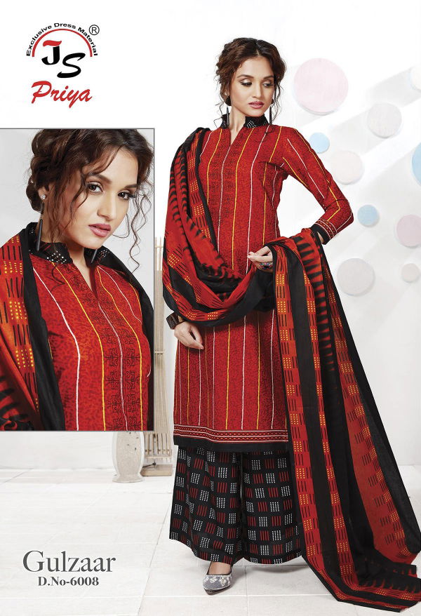 Js Priya Gulzar 6 Fancy Regular Wear Pure Cotton Designer Dress Material Collection
