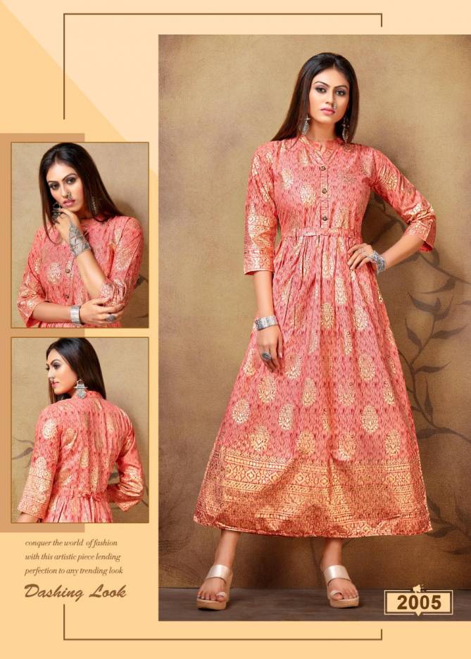 Ft Falak Repeat Latest fancy Designer Heavy Rayon Gold Print Stylish Look Kurti Collection
