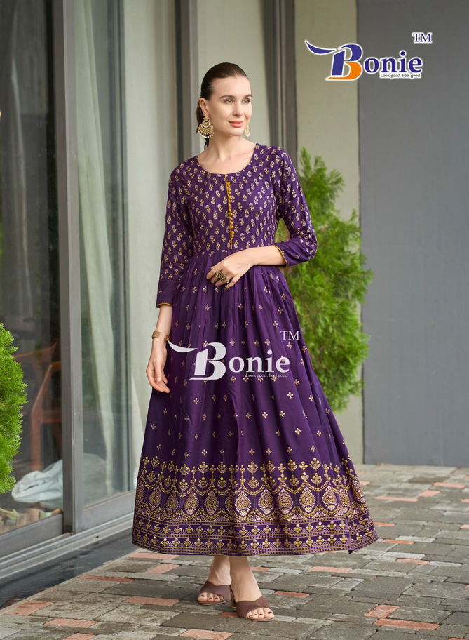 Aanchal 4 By Bonie Rayon Printed Anarkali Designer Long Kurtis Wholesalers In India