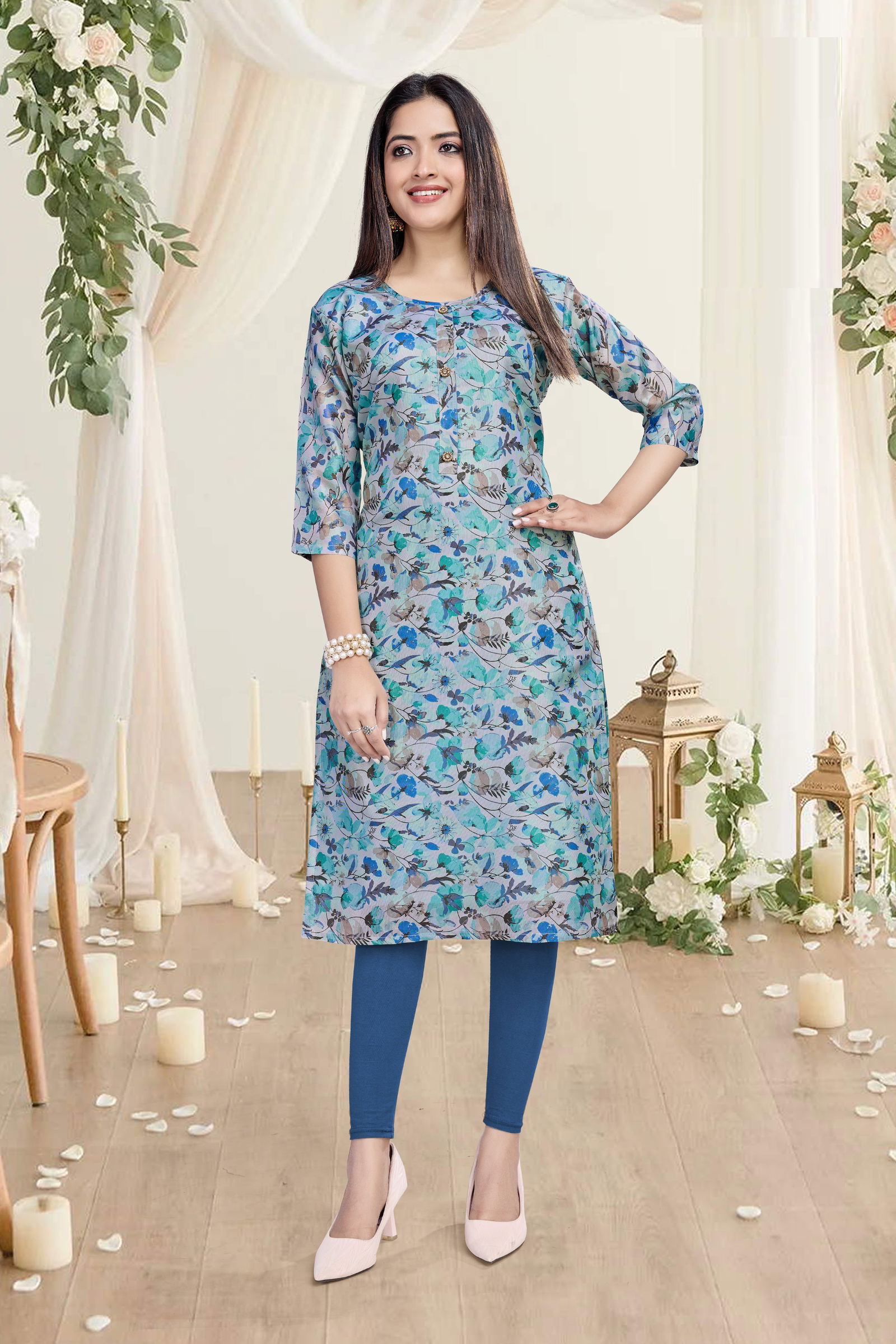 01 Shelly A line Printed Premuim Tissue Simmer Kurti Wholesale Shop In Surat