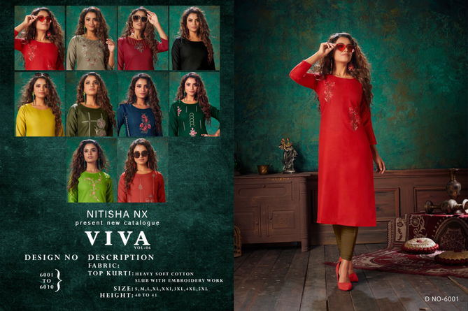 Nitisha Viva 6 Latest fancy Designer Casual Wear Long Heavy Soft Cotton Slub With Embroidery Work Kurtis Collection
