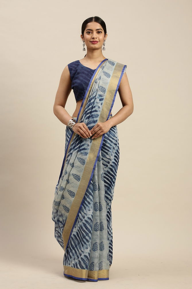 Indigo 1.2 Latest Fancy Designer Regular Casual Linen Cotton Printed Saree Collection
