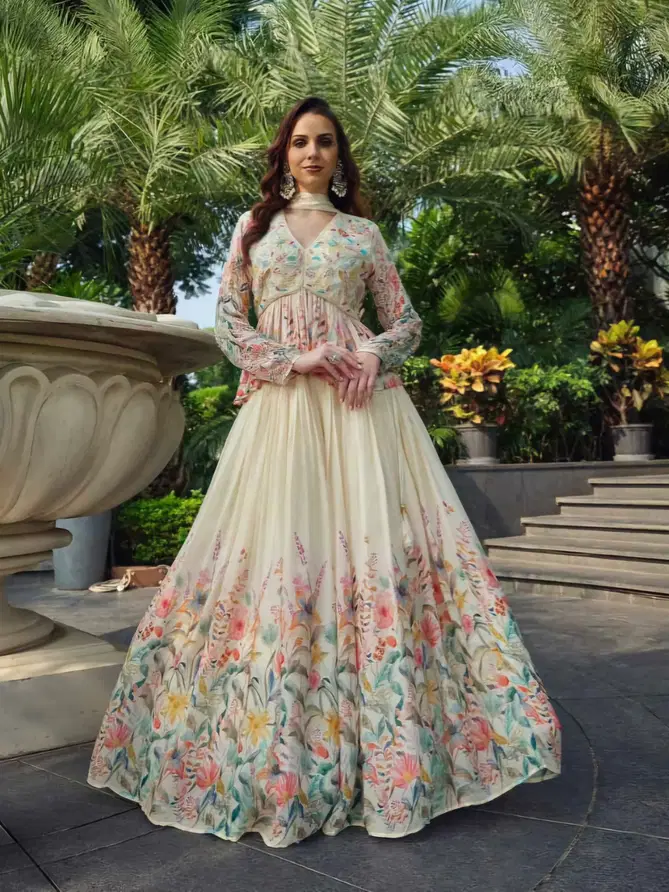 Flower Print with hand Work Indo Wester Lehenga Wholesale Price In Surat