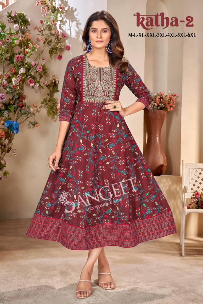 Katha 2 By Sangeet Rayon Printed Embroidery Plus Size Long Kurtis Wholesalers In Delhi