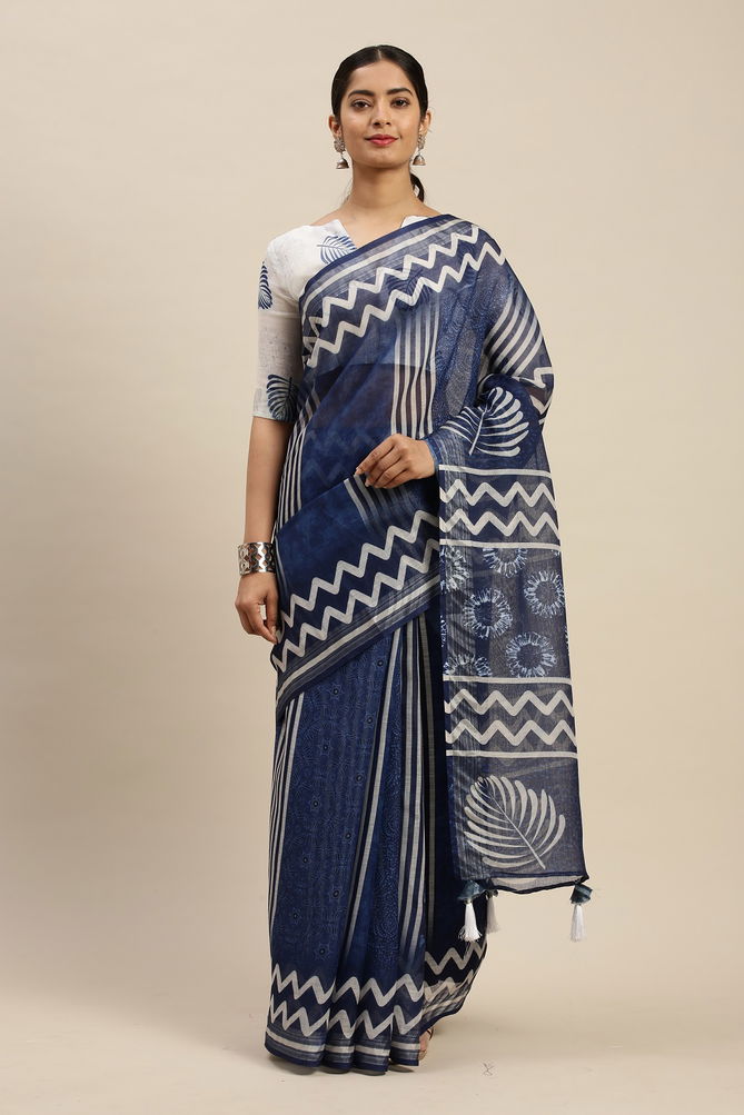 Indigo 1.2 Latest Fancy Designer Regular Casual Linen Cotton Printed Saree Collection
