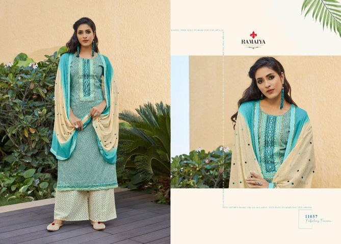 Ramaiya Rose Gold Latest Fancy Ethnic wear Cotton Print With Neck Work Top With Four Side less Dupatta Designer Dress Material Collection
