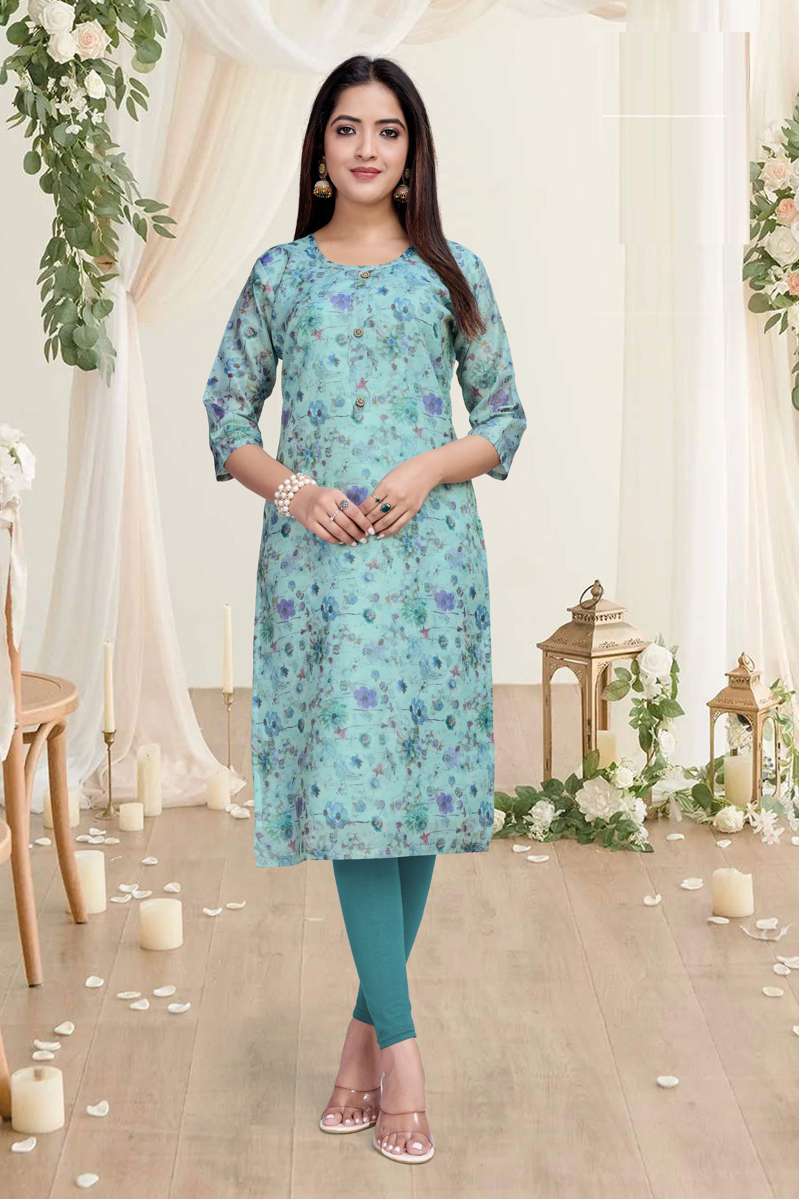 01 Shelly A line Printed Premuim Tissue Simmer Kurti Wholesale Shop In Surat