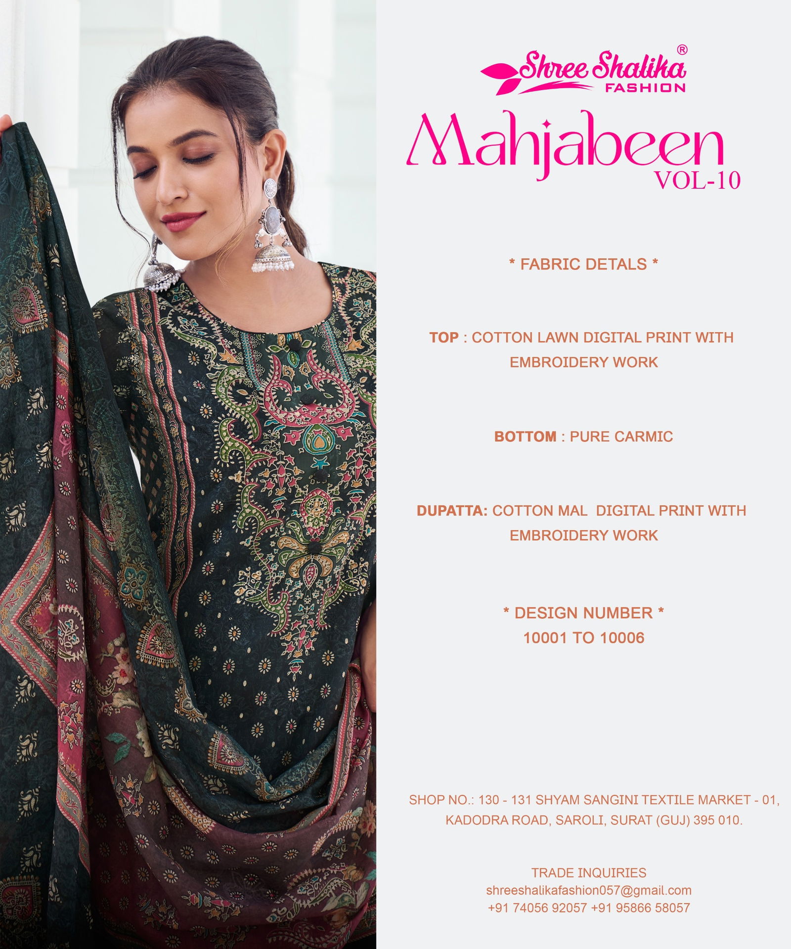 Mahjabeen Vol 10 By Shree Shalika Cotton Embroidery Salwar Suits Orders In India