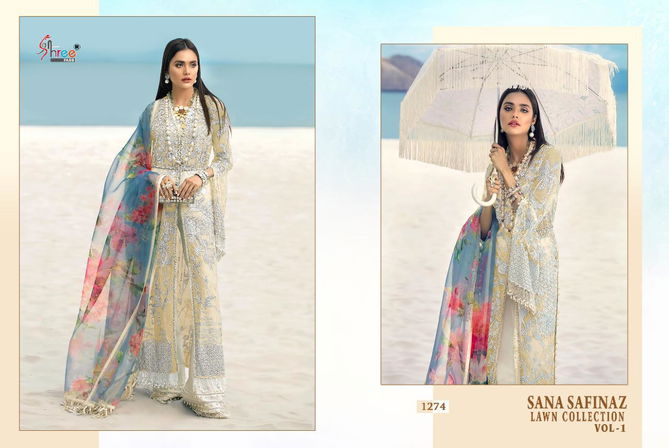 Shree Fab Sana Safinaz Lawn Collection Vol 1 Latest Heavy Designed Pakistani Salwar Suit Collection Butterfly Net With Heavy Embroidery Work And Chiffon Printed Dupatta