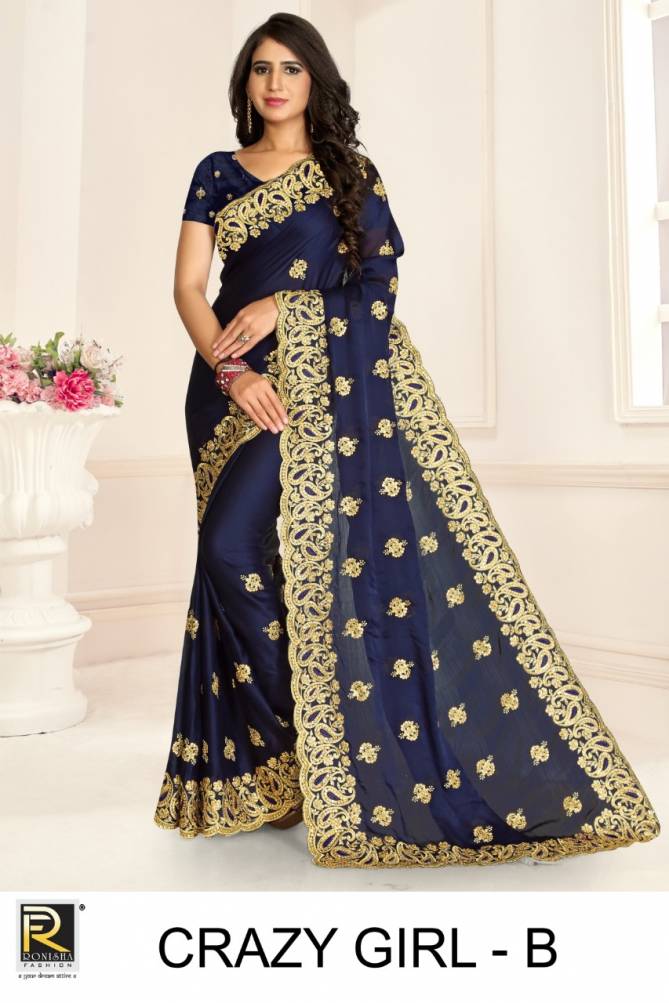 Ronisha Crazy Girl Latest Fancy Designer Festive Wear satin Blooming Embroidery Worked Sarees Collection

