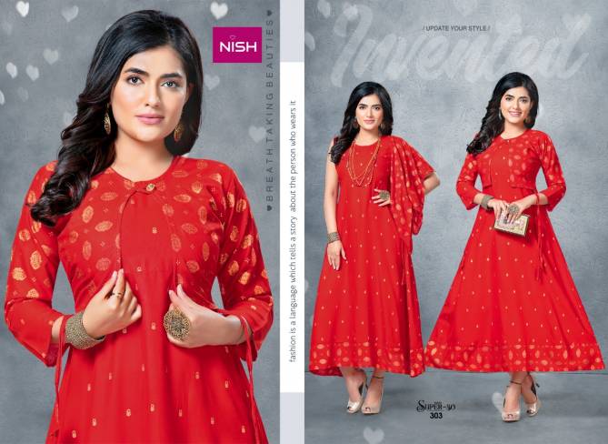 Nish Super 30 Vol 3 Rayon Fancy Party Wear Rayon Printed Designer Long Kurti With Koti Collection
