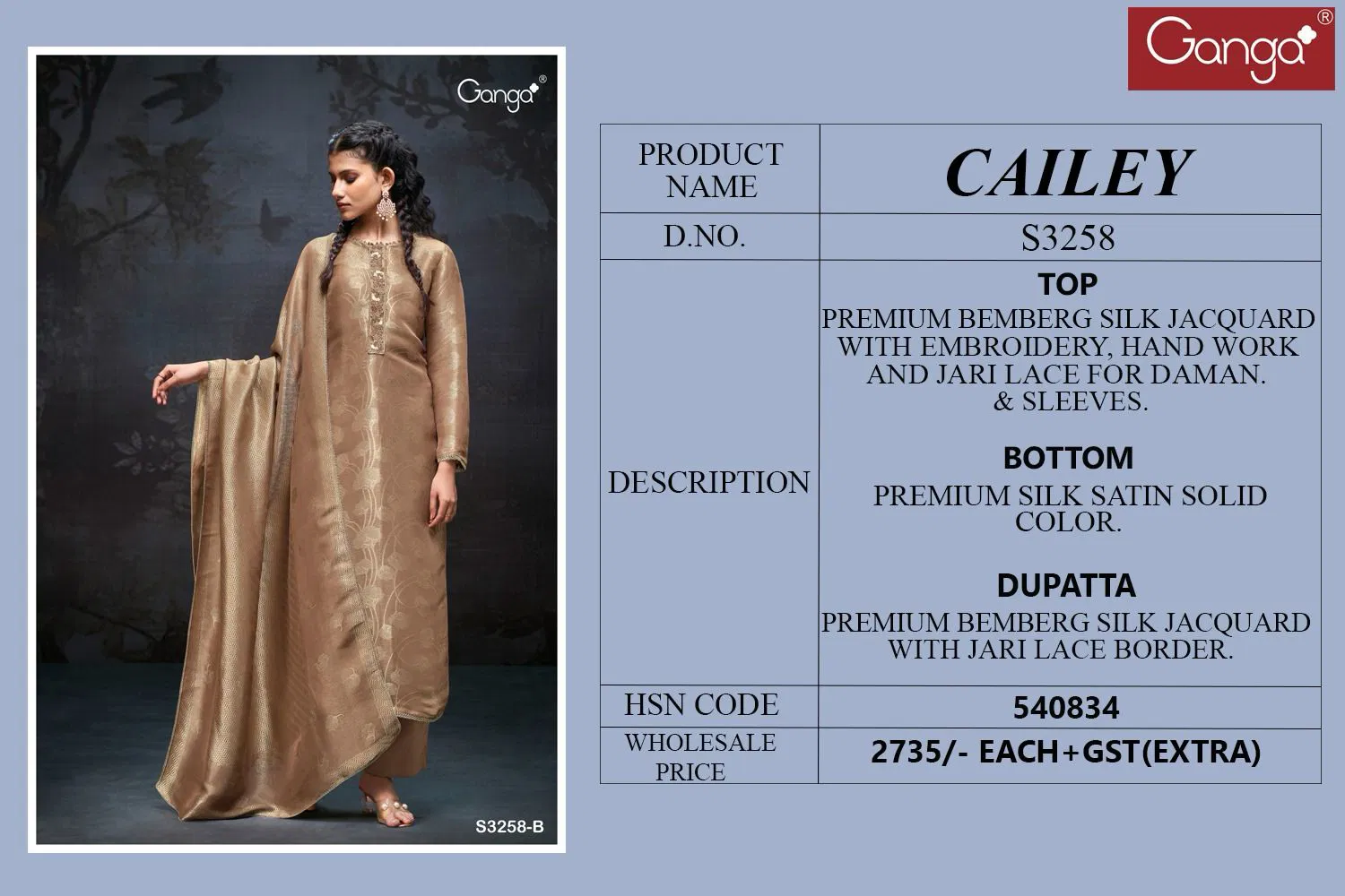 Cailey 3258 By Ganga Bemberg Silk Dress Material Exporters In India