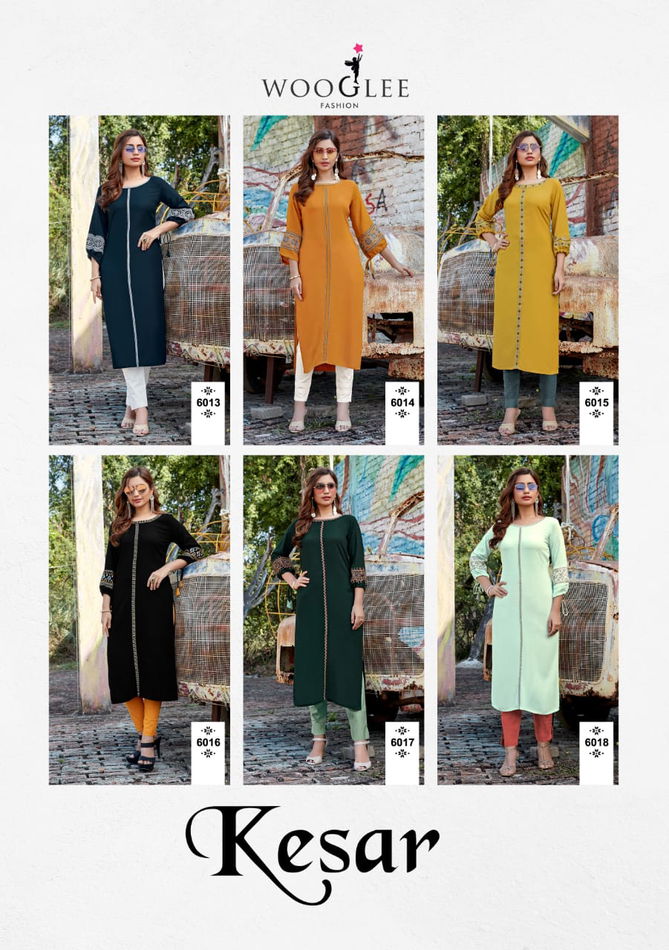 Wooglee Kesar Staright Fancy Festive Wear Heavy rayon Embroidery Work Kurti With Bottom Collection
