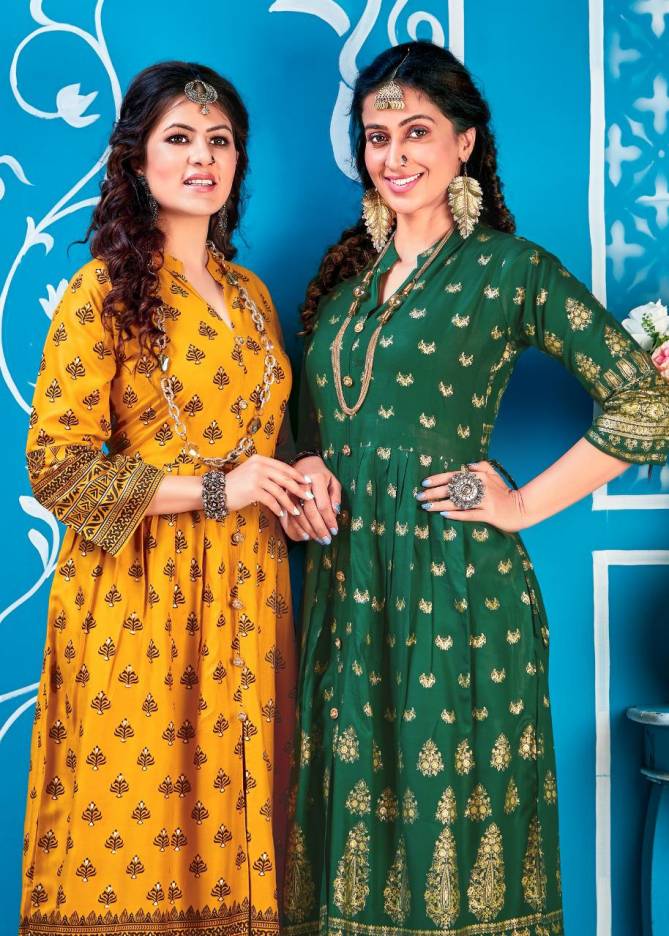 Ft Gold Star Latest Designer Party Wear rayon Long Printed Kurtis Collection