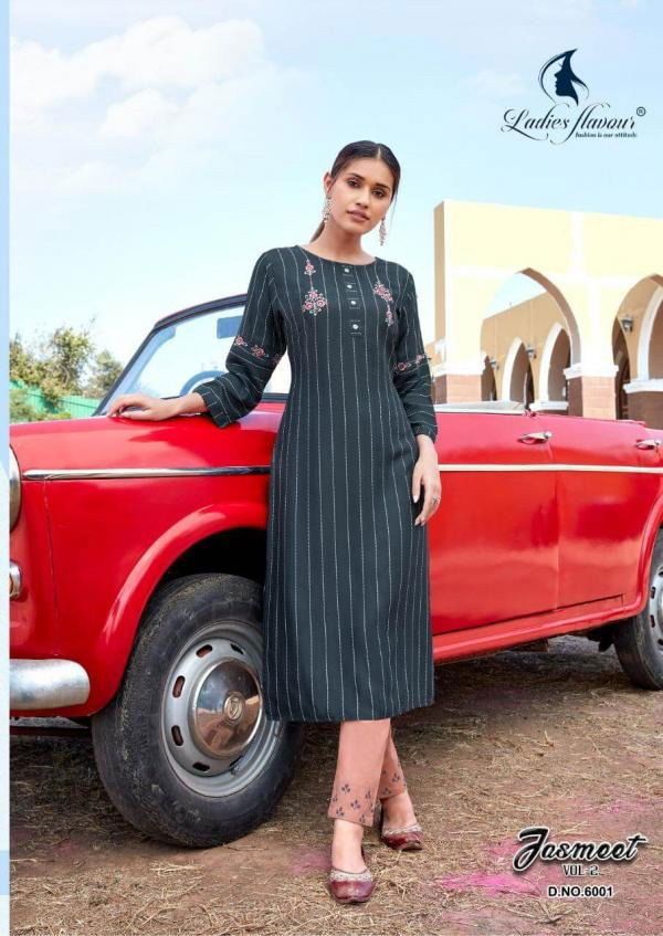 Ladies Flavour Jasmeet 2 Latest Fancy Ethnic Wear Designer Rayon Stripe Kurti With Bottom Collection
