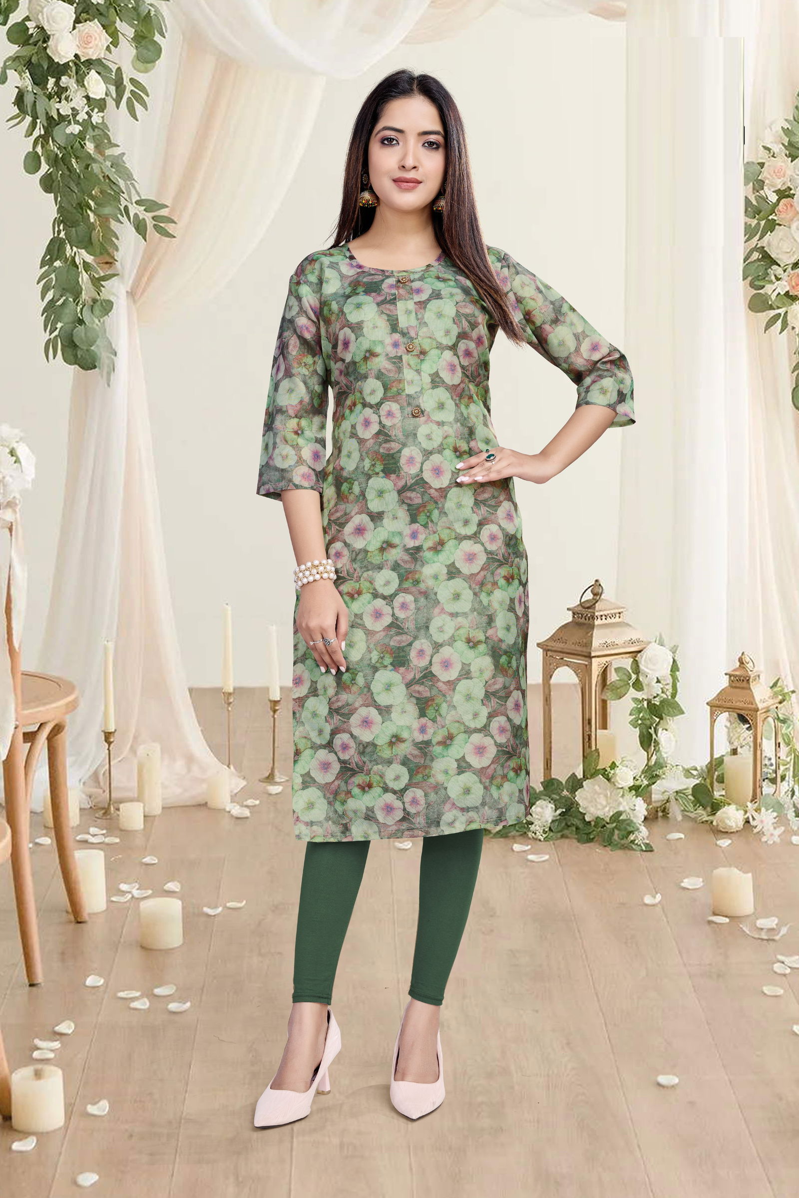 Shelly A line Printed Premuim Tissue Simmer Kurti Suppliers In India