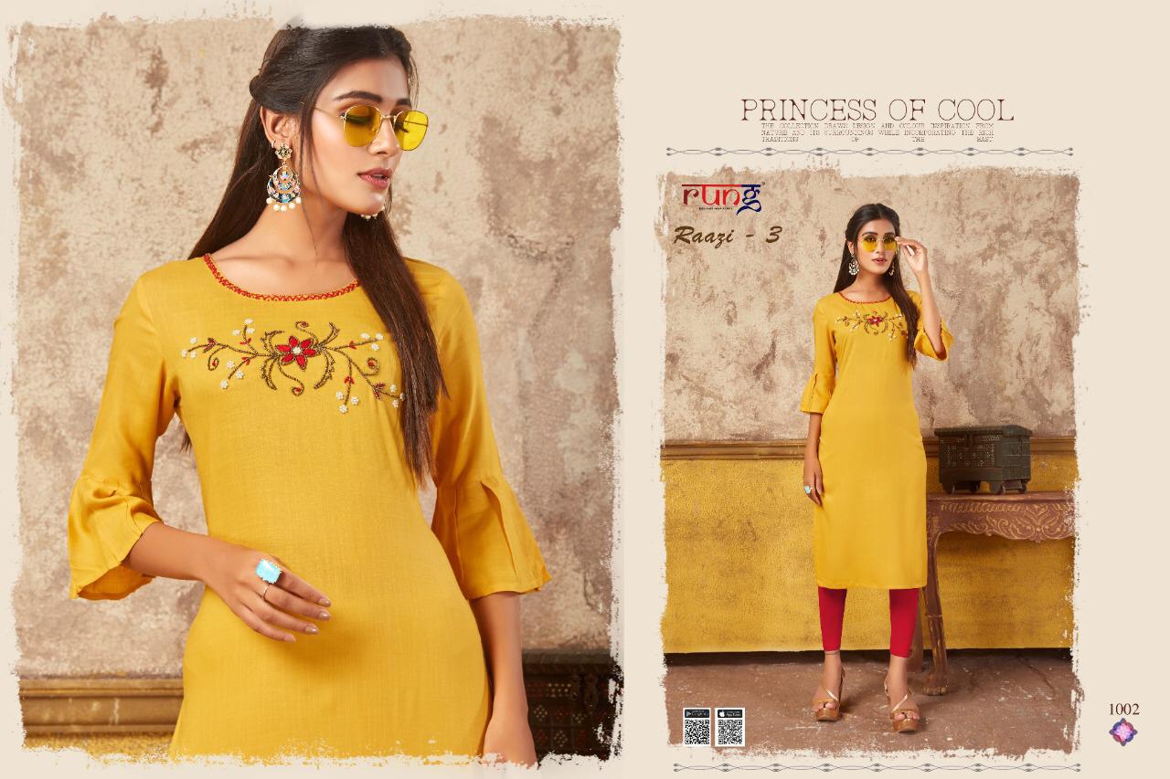 Rung Razzi 3 Latest Designer Party Wear Festive Wear Straight Line Embroidery Work Kurtis Collection  