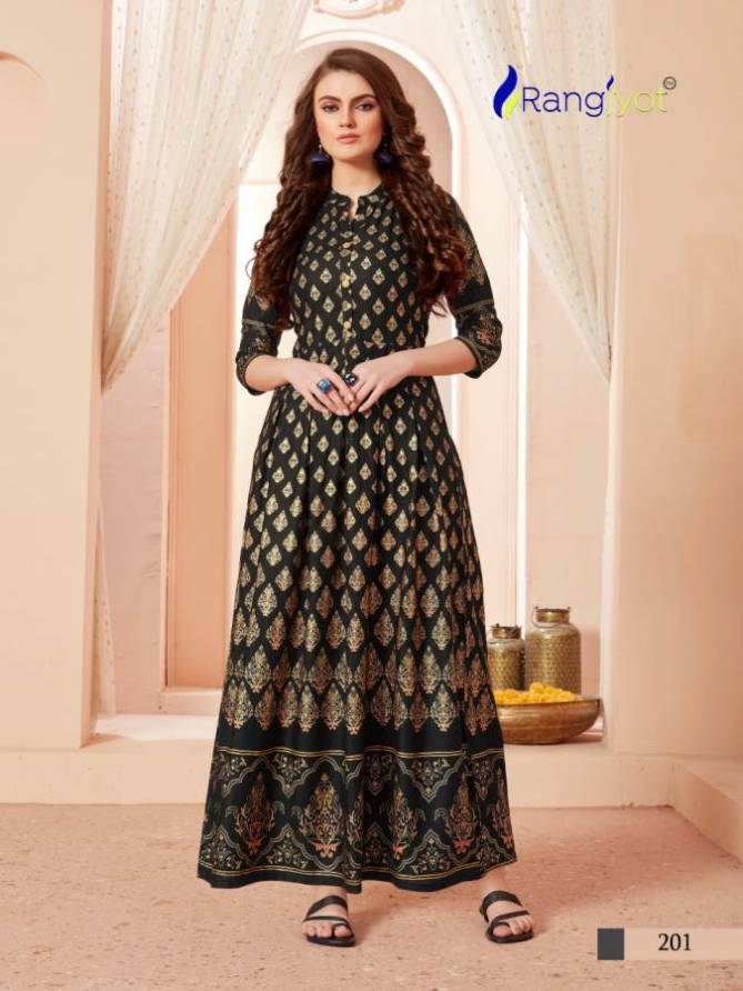 Rangjyot Sehnaaz 2 Launch Latest New Designer Party Wear Long Kurtis With Gold Print 