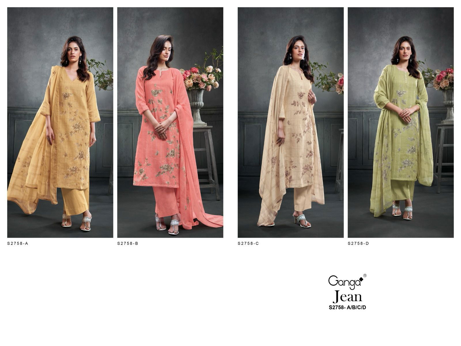 Jean 2758 By Ganga Cotton Linen Printed Dress Material Wholesalers In India