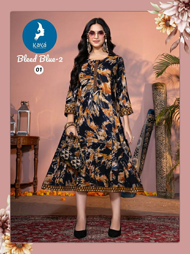 Bleed Blue 2 By Kaya Rayon Printed Anarkali Kurtis Exporters In India