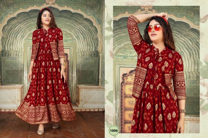 Ft Palak Flair Style Latest Fancy Designer Heavy Casual Wear Rayon Long Gold Printed Kurtis Collection
