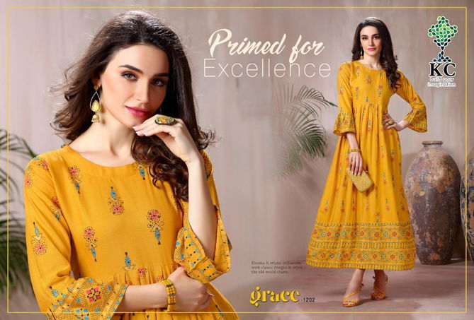 Kc Grace 12 Latest Fancy Designer Ethnic Rayon Printed Designer Long Kurti Collection
