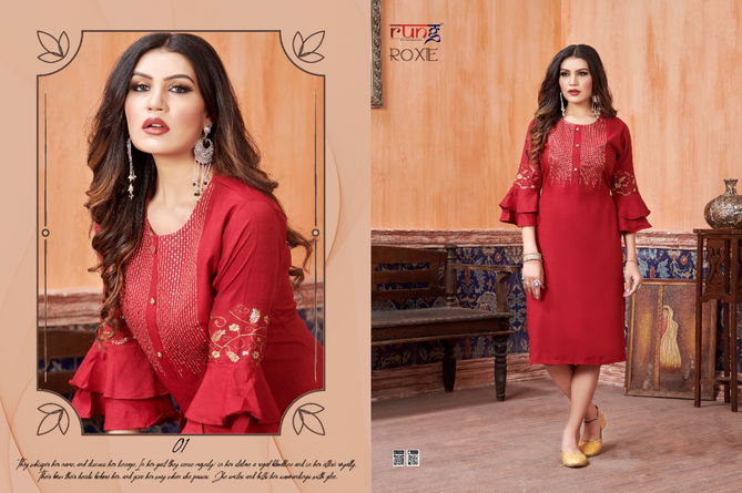 RUNG ROXIE Heavy Luxuriya Rayon With Manual Embroidery With Sequence Work Fancy Kurtis Collection