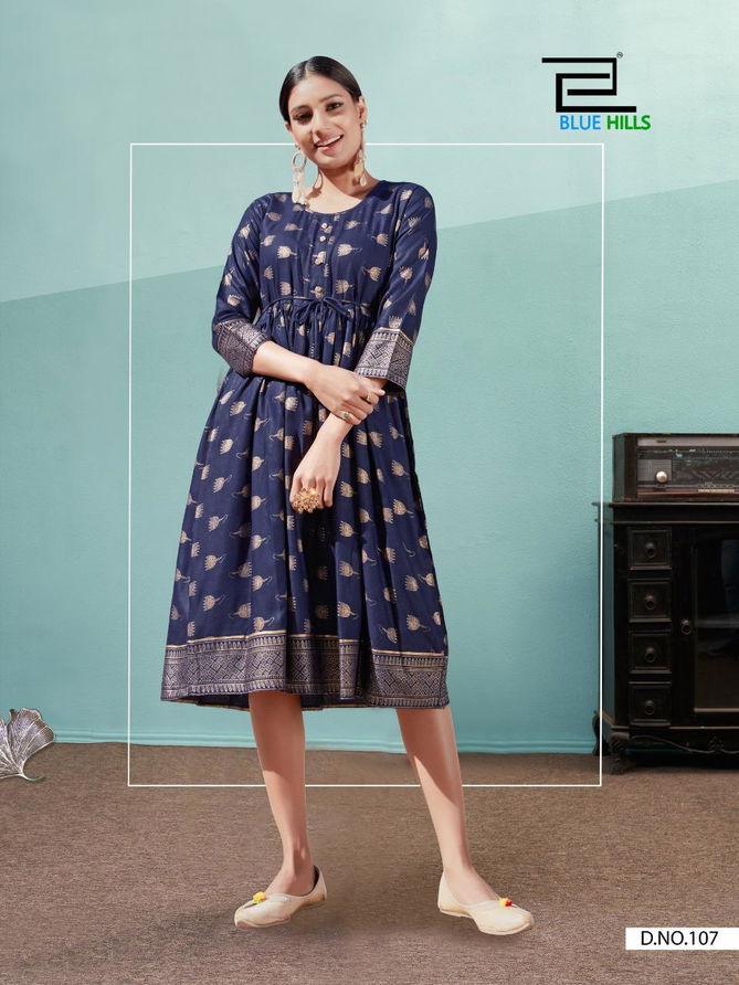 Blue Hills Shine Latest Fancy Designer Ethnic Wear Rayon Gold Print Kurtis Collection
