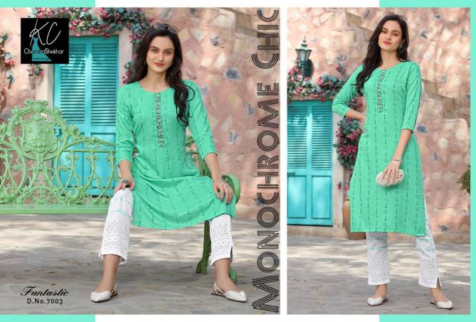 Kc Fantastic 7 Latest Fancy Casual Wear Rayon printed top with heavy neck work Kurti With Bottom Collection
