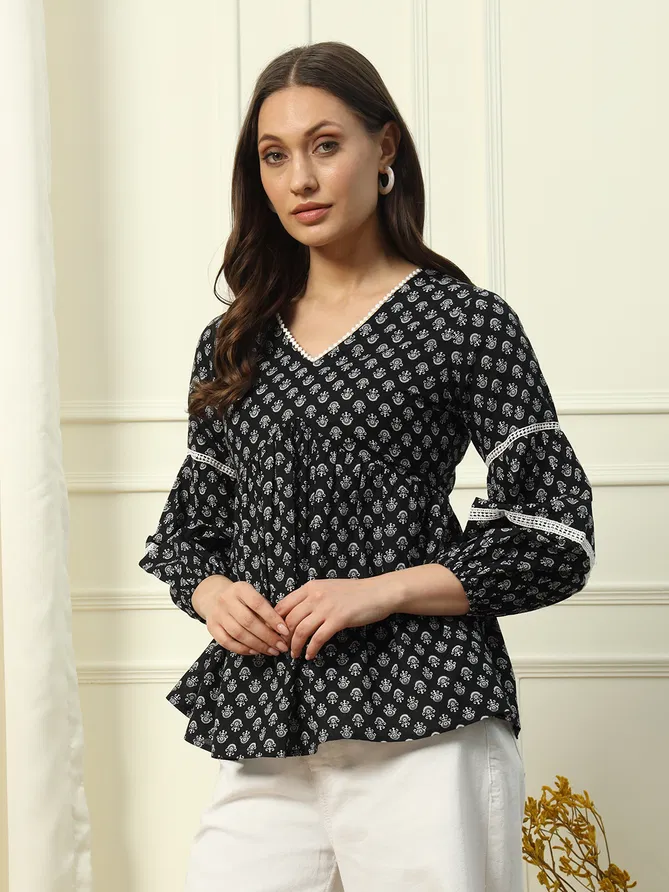 Fiorra TOP010 Black Printed Cotton Western Top Exporters In India