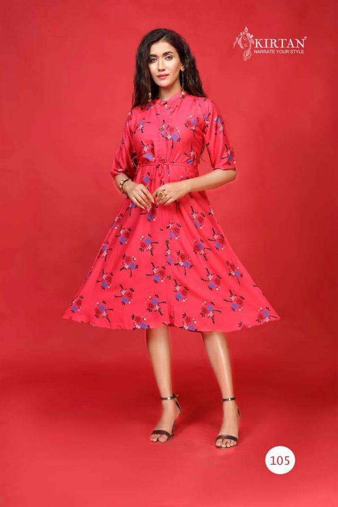 Kirtan Kanika Fancy Designer Casual Wear Rayon Printed Anarkali Kurtis Collection
