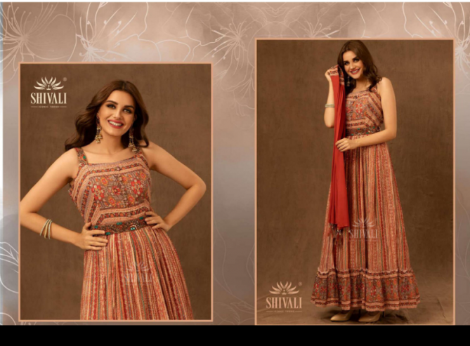 Shivali Tyohaar Beautiful Upada Prints Elegant Look Indo Western Gown Catalog