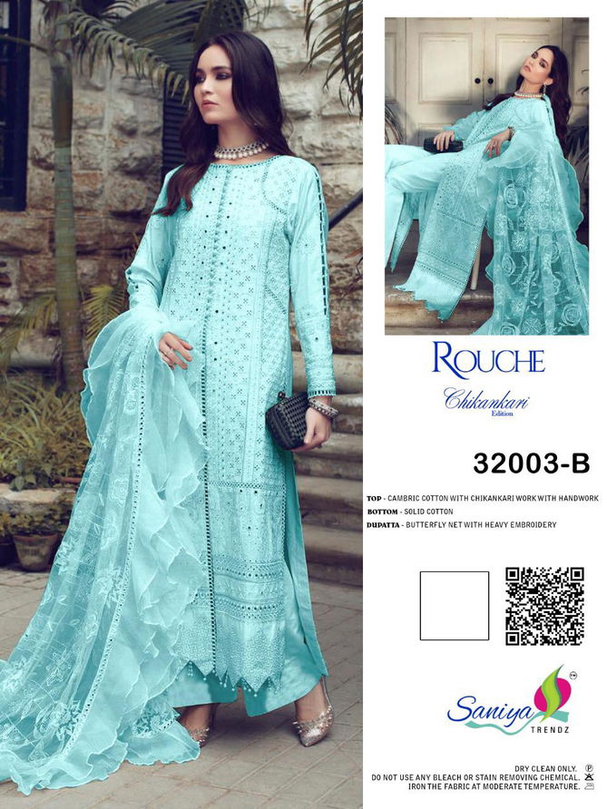 Saniya Rouche 32003 Series Designer Festive Wear Cambric Cotton Chikankari And Hand Work Top With Net Dupatta Pakistani Salwar Suits Collection
