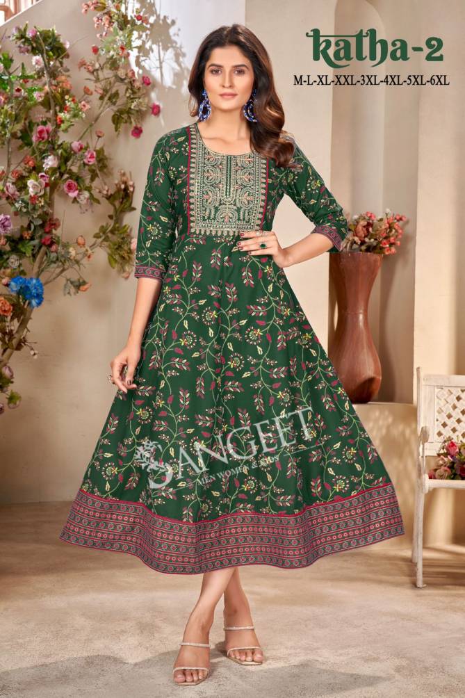 Katha 2 By Sangeet Rayon Printed Embroidery Plus Size Long Kurtis Wholesalers In Delhi